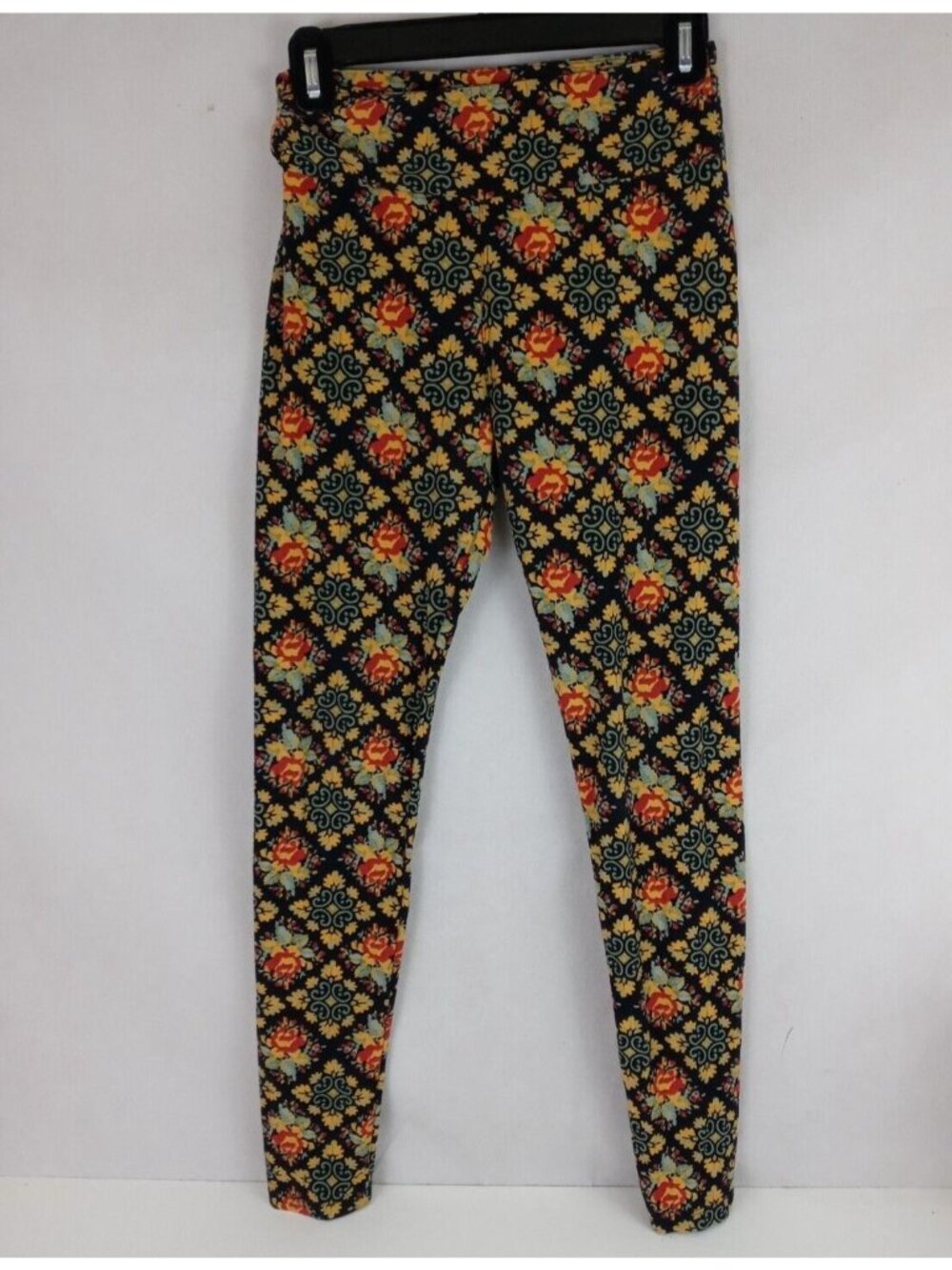 LuLaRoe OS Leggings Black With Yellow & Red Floral Design